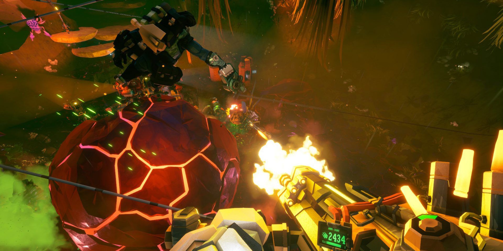 A Gunner from Deep Rock Galactic shooting waves of enemies from a zip line with a Scout zooming past