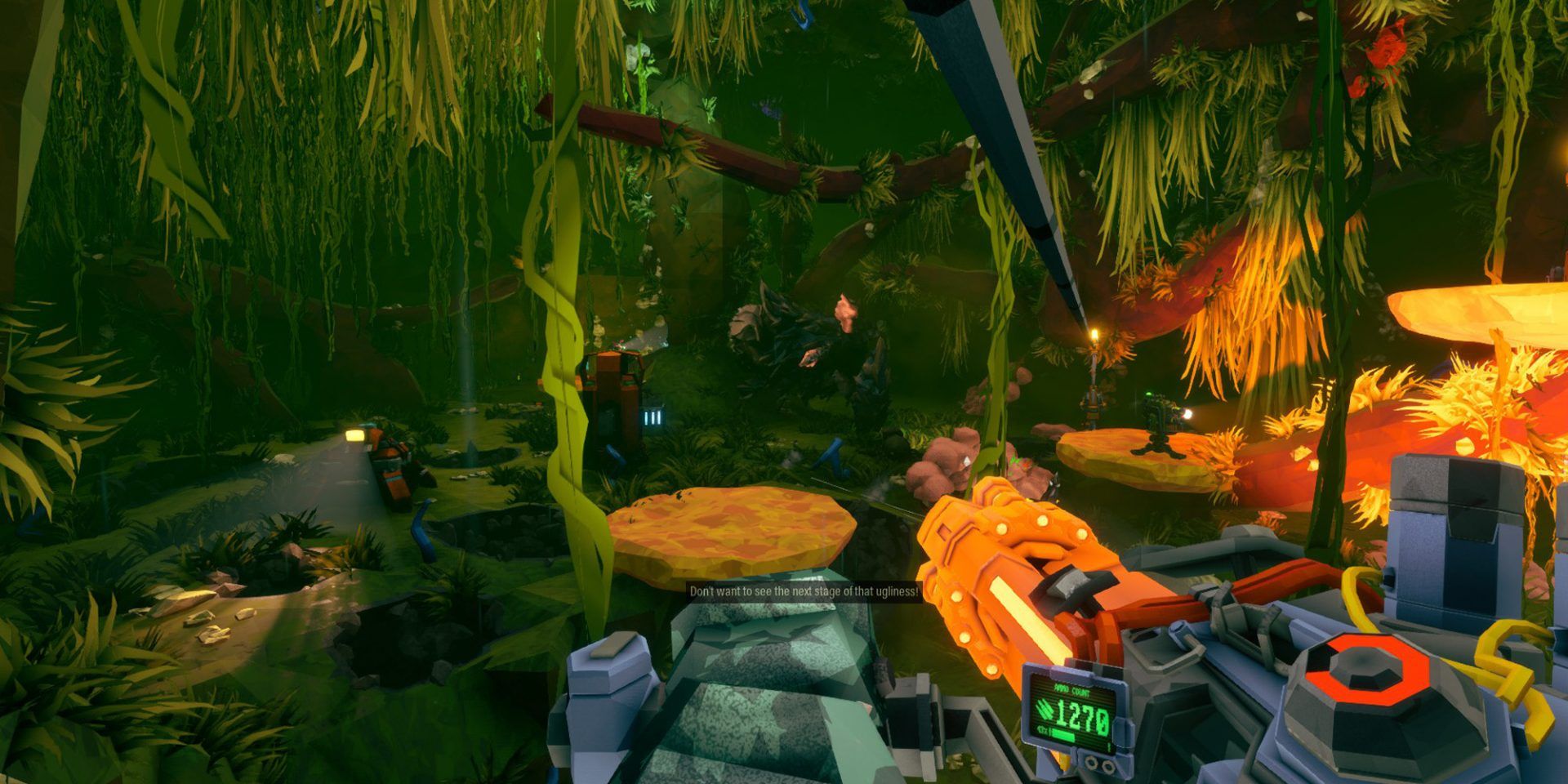 A Gunner in Deep Rock Galactic going down a zipline in an area covered in vines.