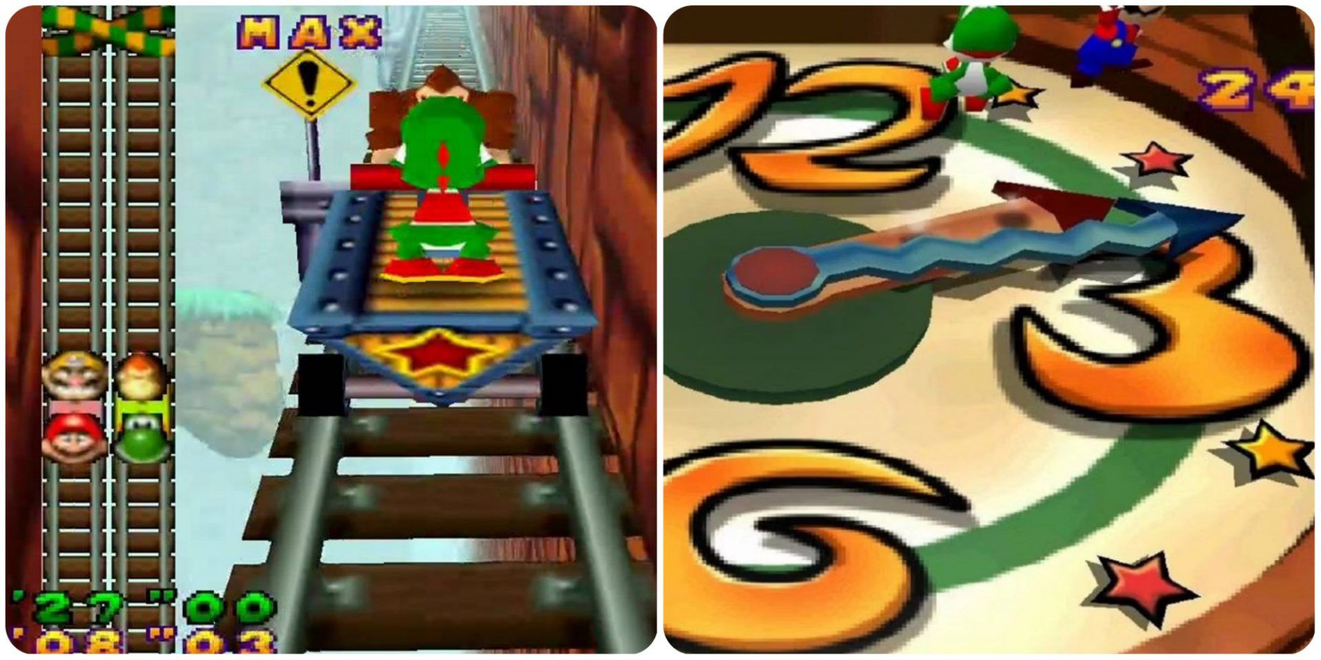 Mario Party minigames Handcar Havoc and Ticktock Hop