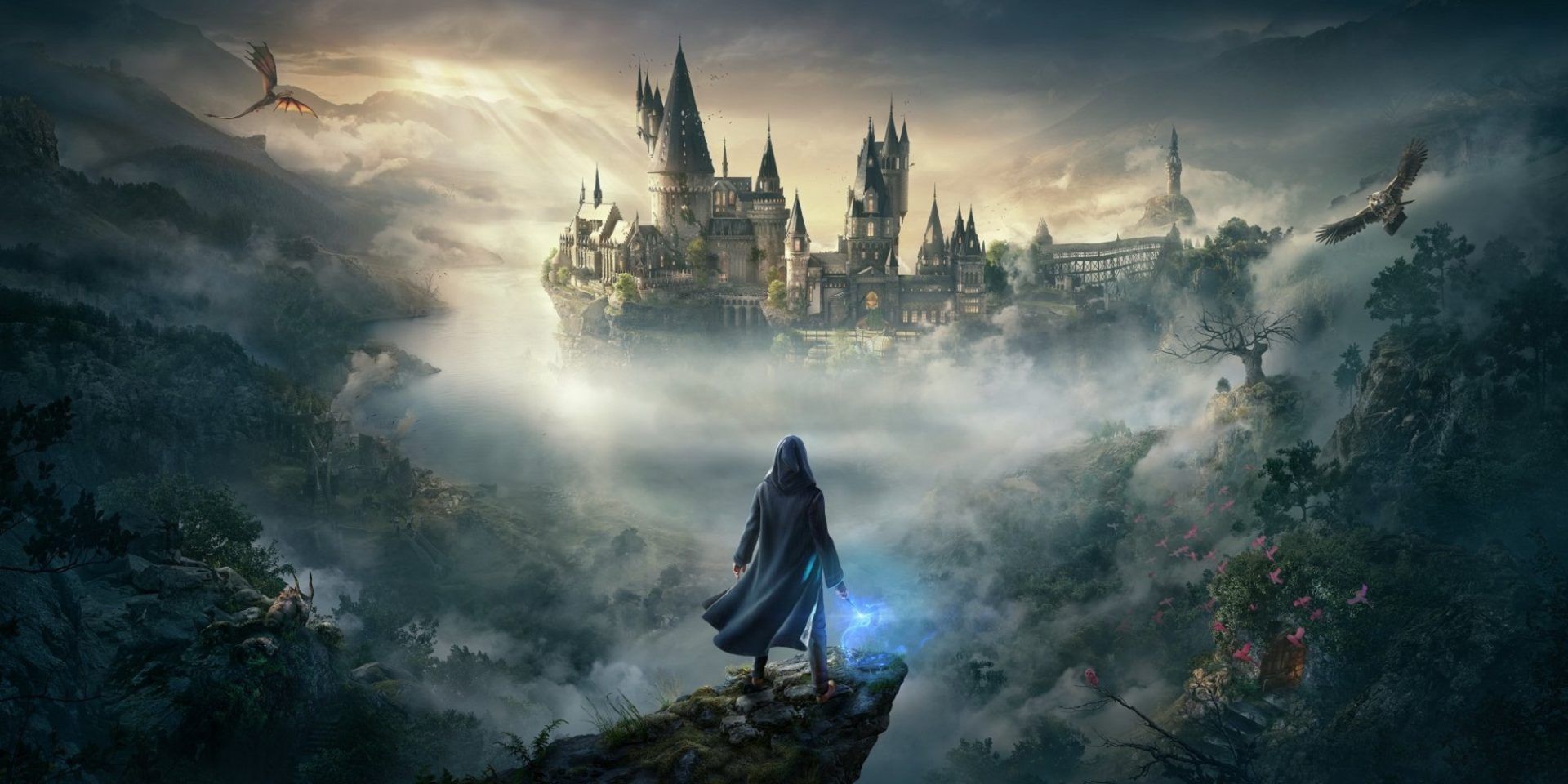 Hogwarts Legacy Reveal Banner Shows Wizard With Wand Looking At Hogwarts Castle In The Horizon
