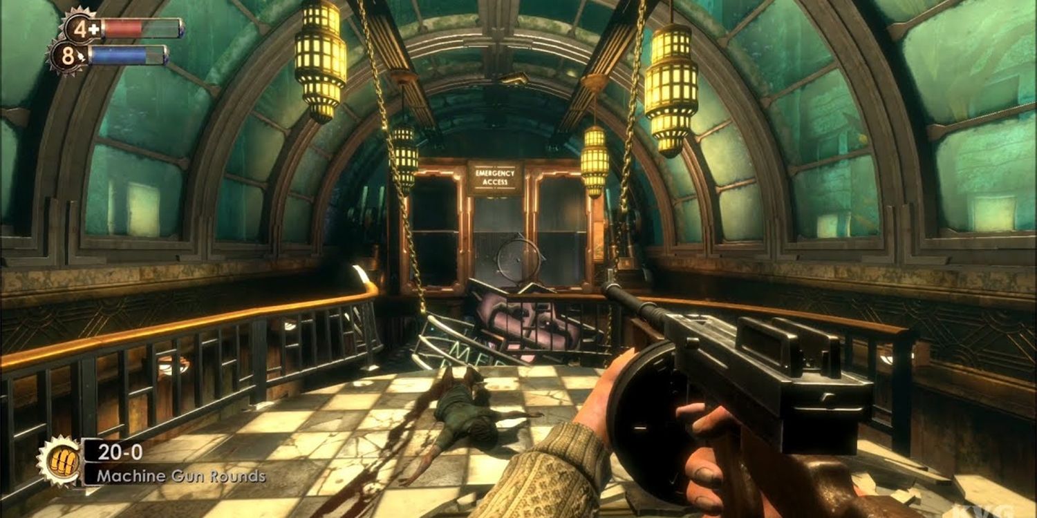 Jack Holding A Machine Gun In BioShock