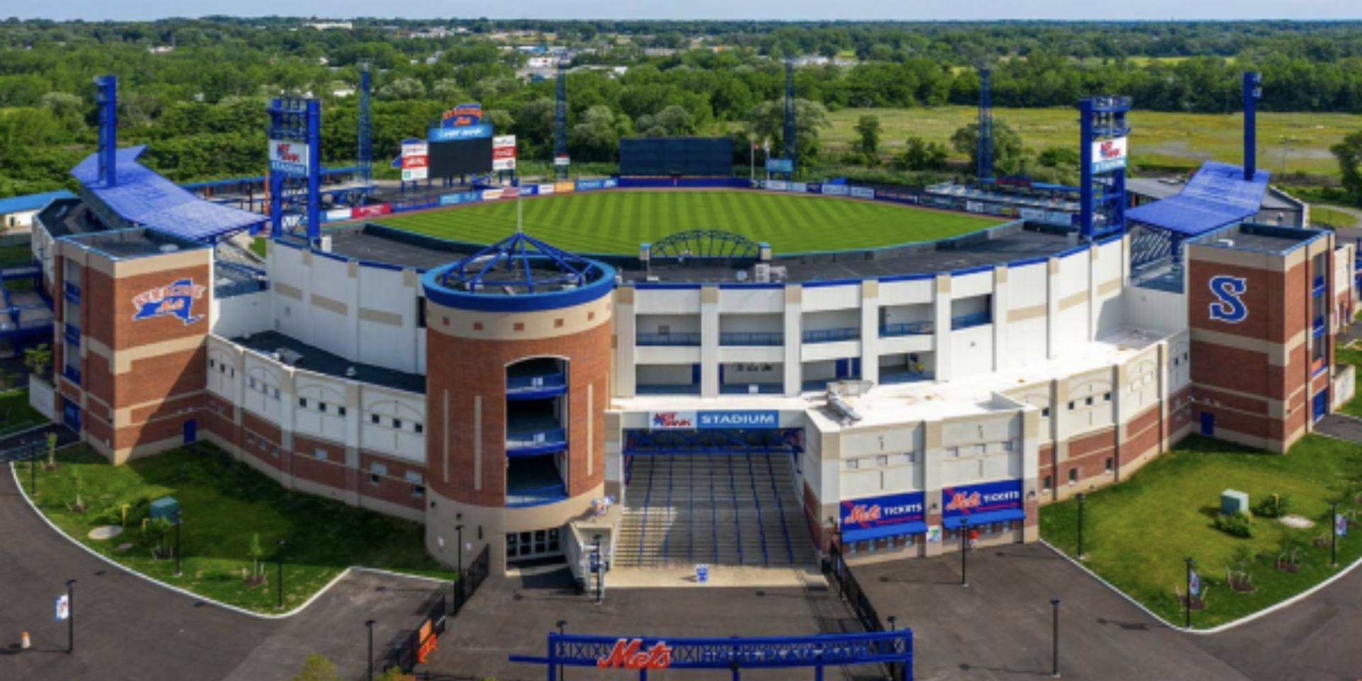 An exterior shot of NBT Bank Stadium in Syracuse, New York