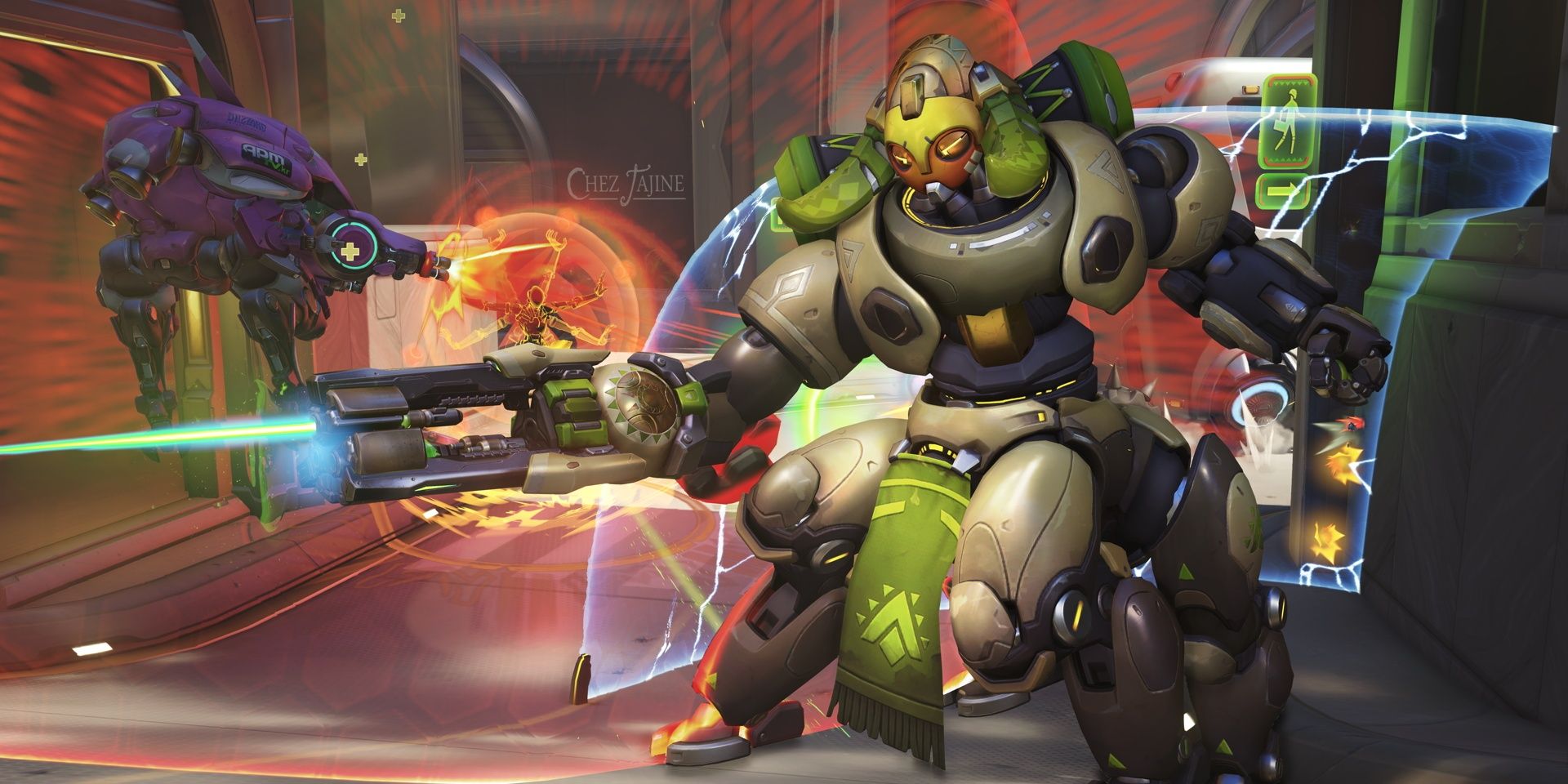 Orisa protects her team as Zenyatta uses tranquillity 