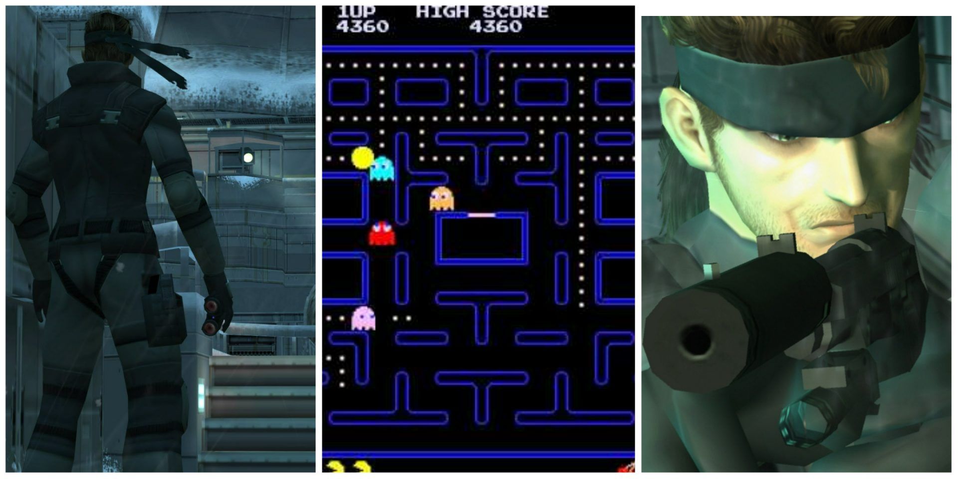 A collage of three images with Solid Snake from the Metal Gear Solid series on the right and left, and a Pac-Man screenshot in the middle.