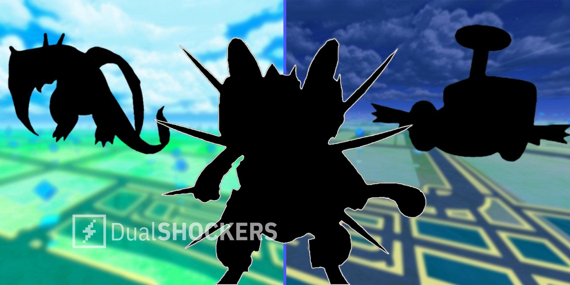 Pokemon GO sprites blacked out, showing Charizard, Armored Mewtwo, and Rotom standing side by side.
