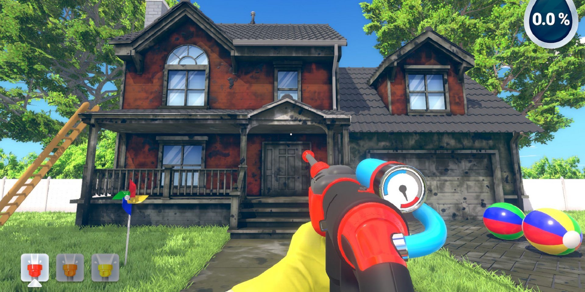 PowerWash Simulator Aiming Red Gun At Dirty Brown House With Beach Balls