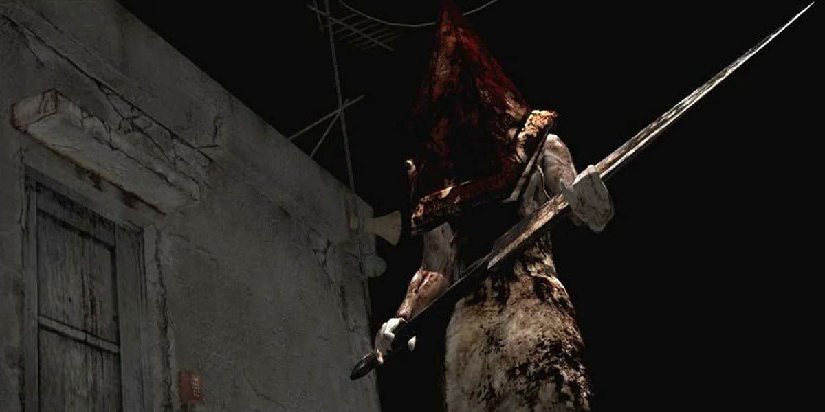 Pyramid Head from Silent Hill 2 standing against a dark void.