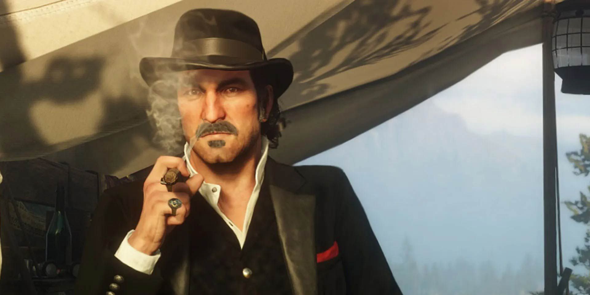 Dutch Van Der Linde smoking a cigar in Red Dead Redemption 2.