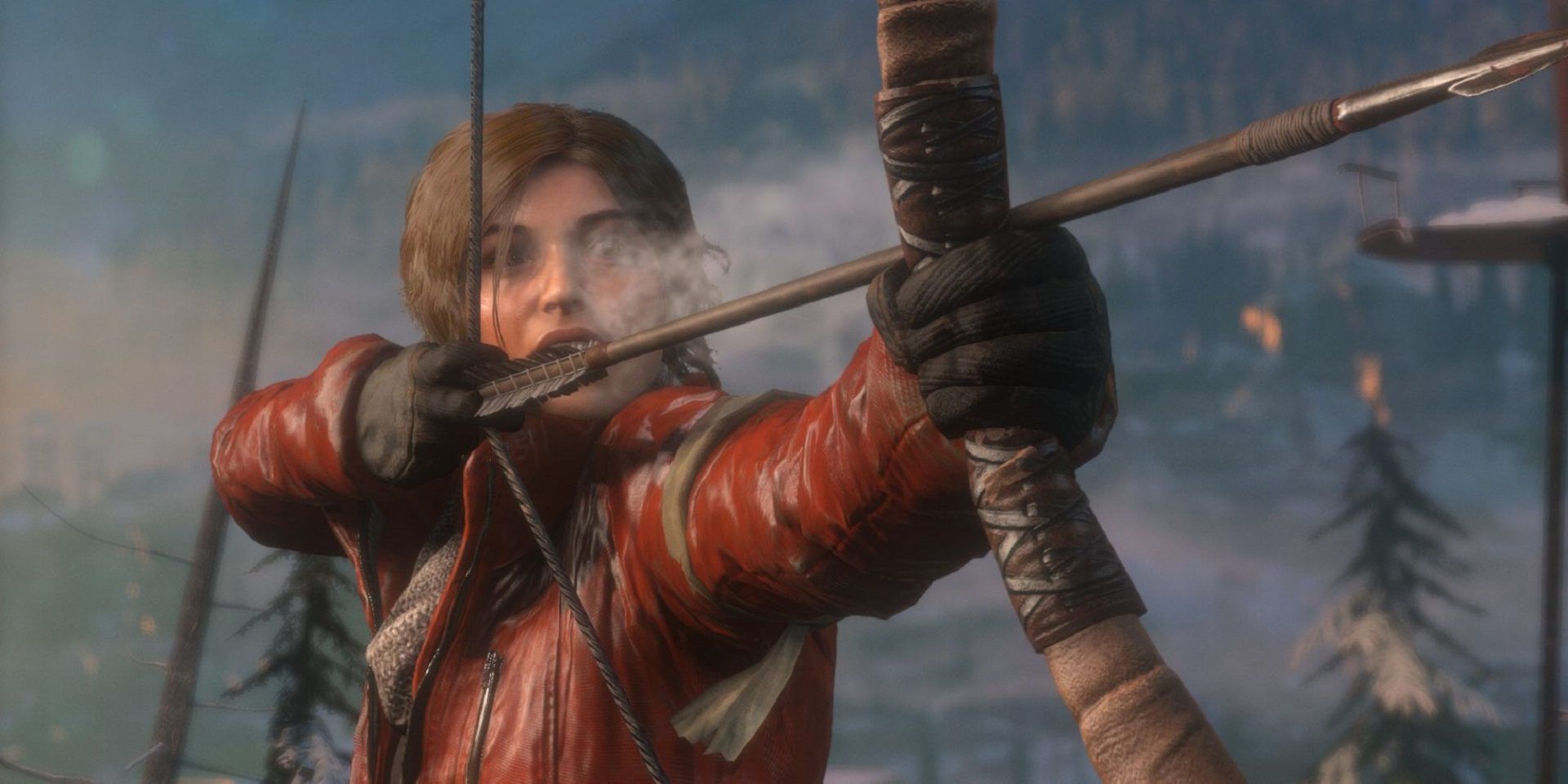 Lara Croft In Red Coat Drawing Arrow In Rise Of The Tomb Raider
