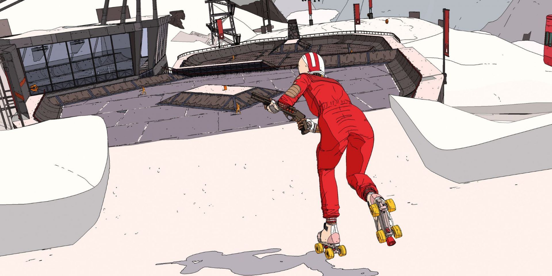A screenshot of the player skating from Rollerdrome