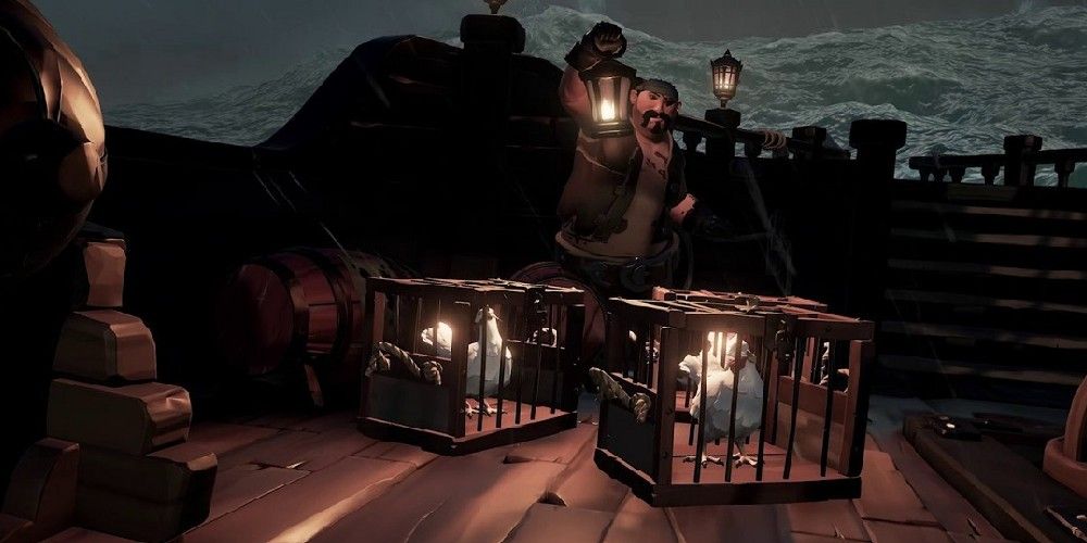 Sea of Thieves - chickens in cages on ship