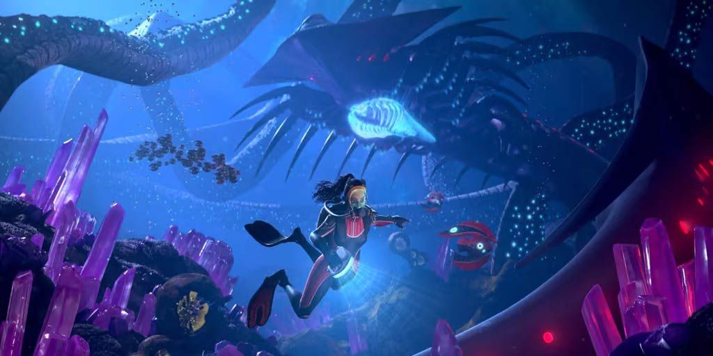 Concept art of a Shadow Leviathan hunting Robin in Subnautica: Below Zero.