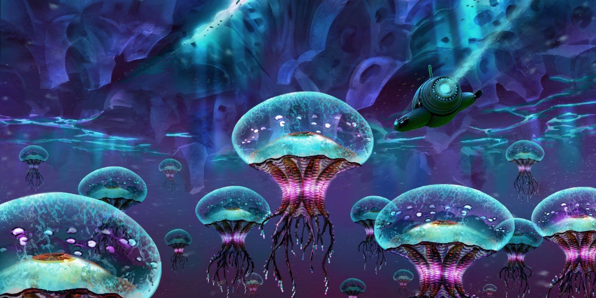 Concept art of a Seamoth moving amidst some Eye Jellies in Subnautica.