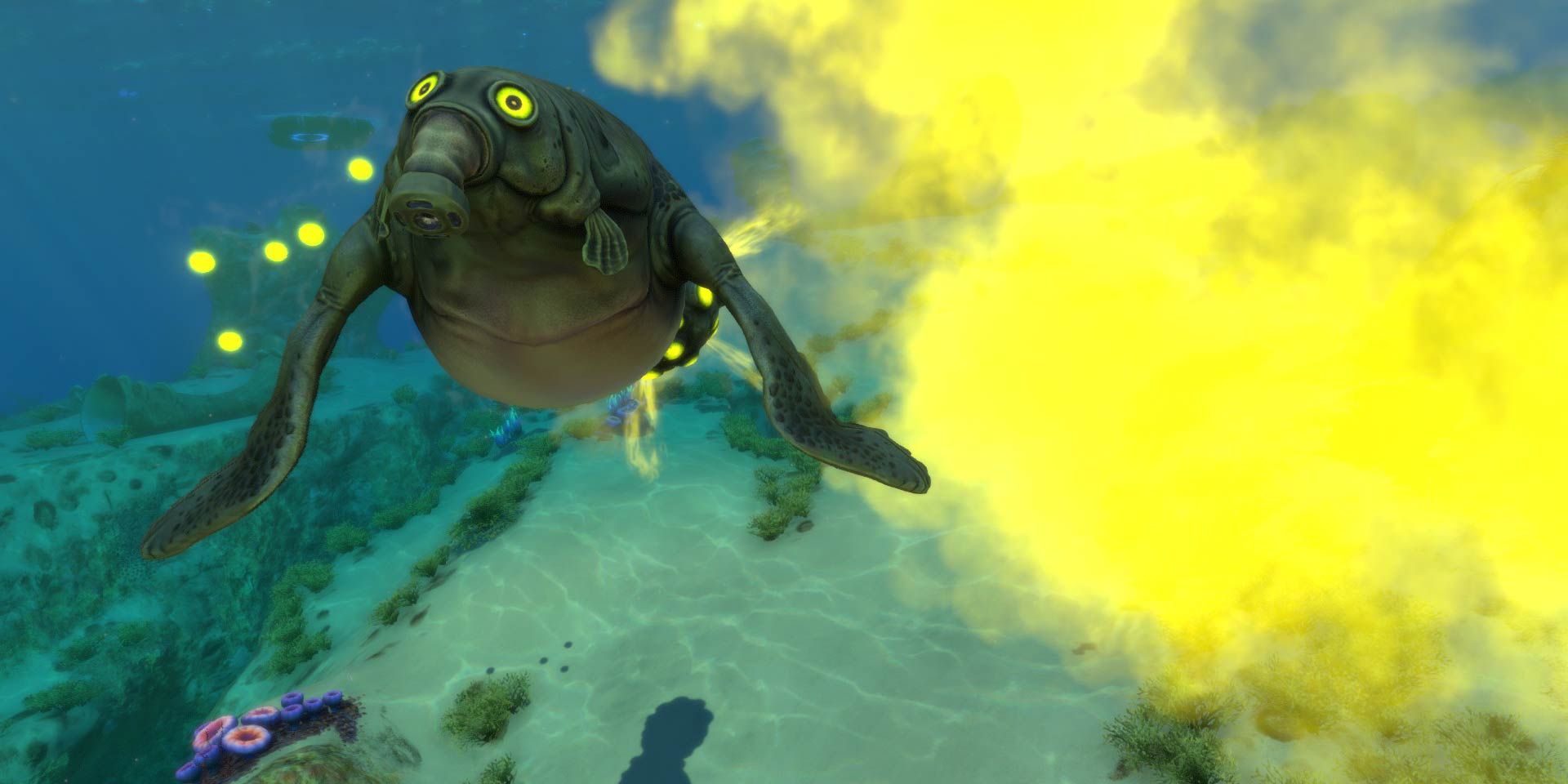 A gasopod from Subnautica in front of a cloud of poison gas.
