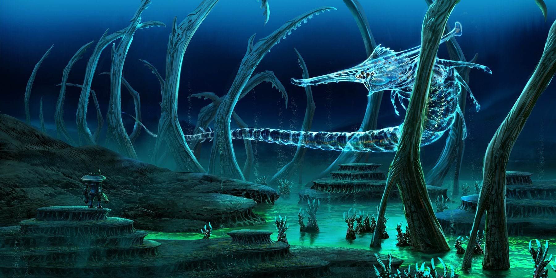 Concept art of a Prawn Suit facing down a massive Ghost Leviathan in the Lost River in Subnautica.