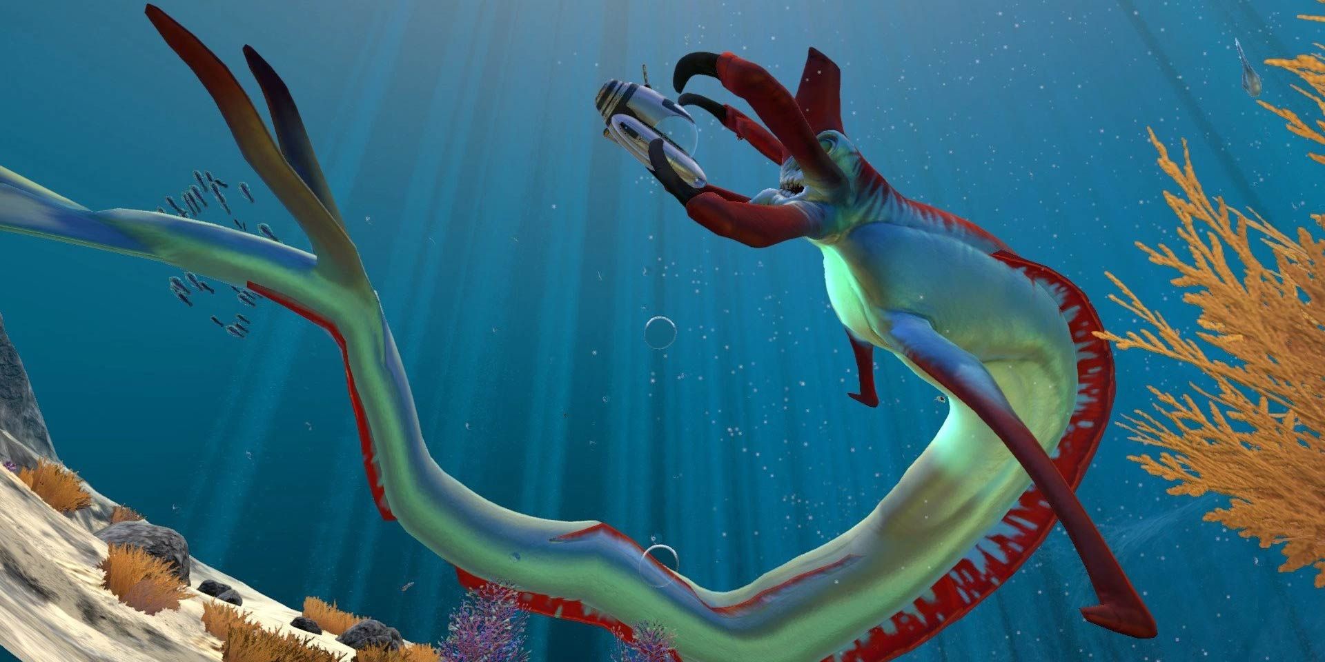 A Reaper leviathan closing in on a Seamoth in Subnautica.