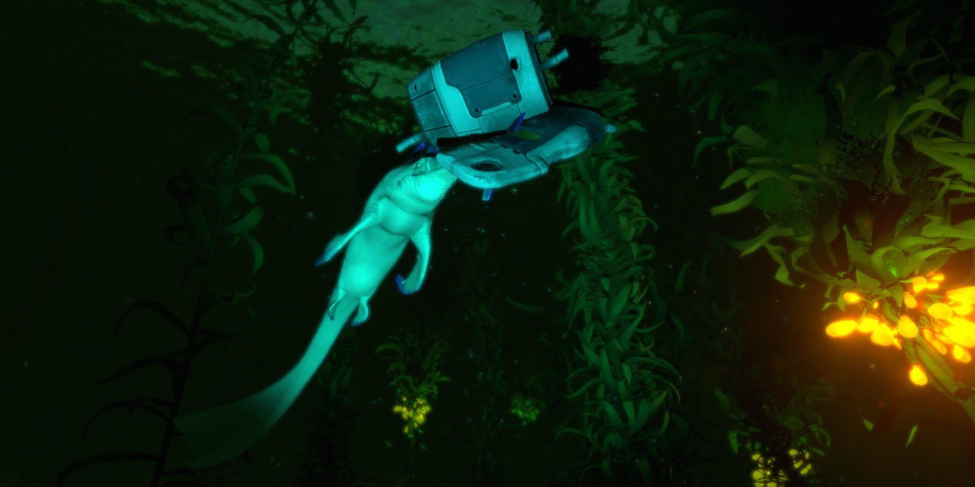 A Stalker playing around with a bit of scrap metal in the kelp forests in Subnautica.