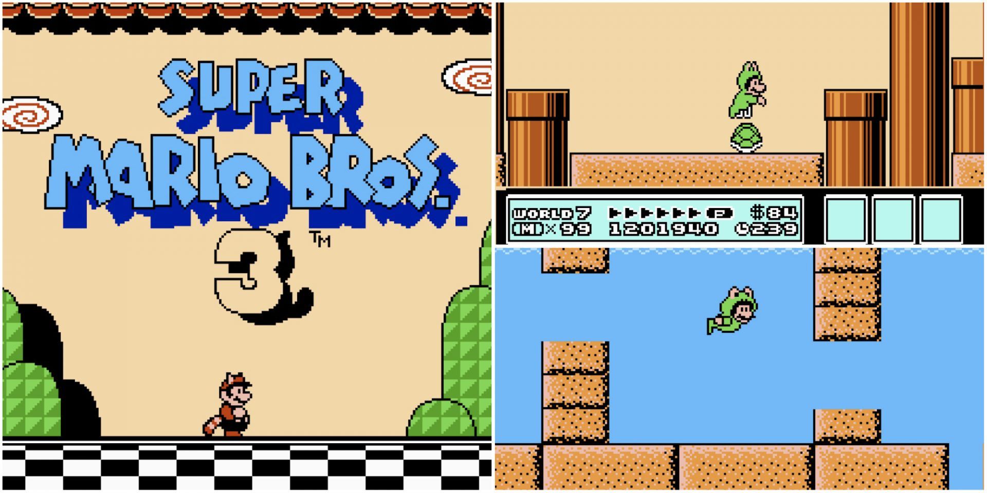 Super Mario Bros 3 Start Screen Gameplay Mario Frog Suit Jumping and Swiming