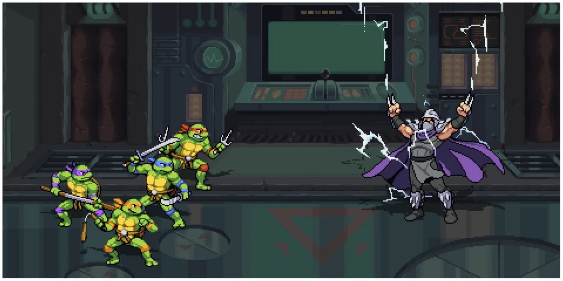 Teenage Mutant Ninja Turtles: Shredders Revenge Michelangelo, Donatello, Rafael, Leonardo Face-off with Shredder In Underground Lab. 