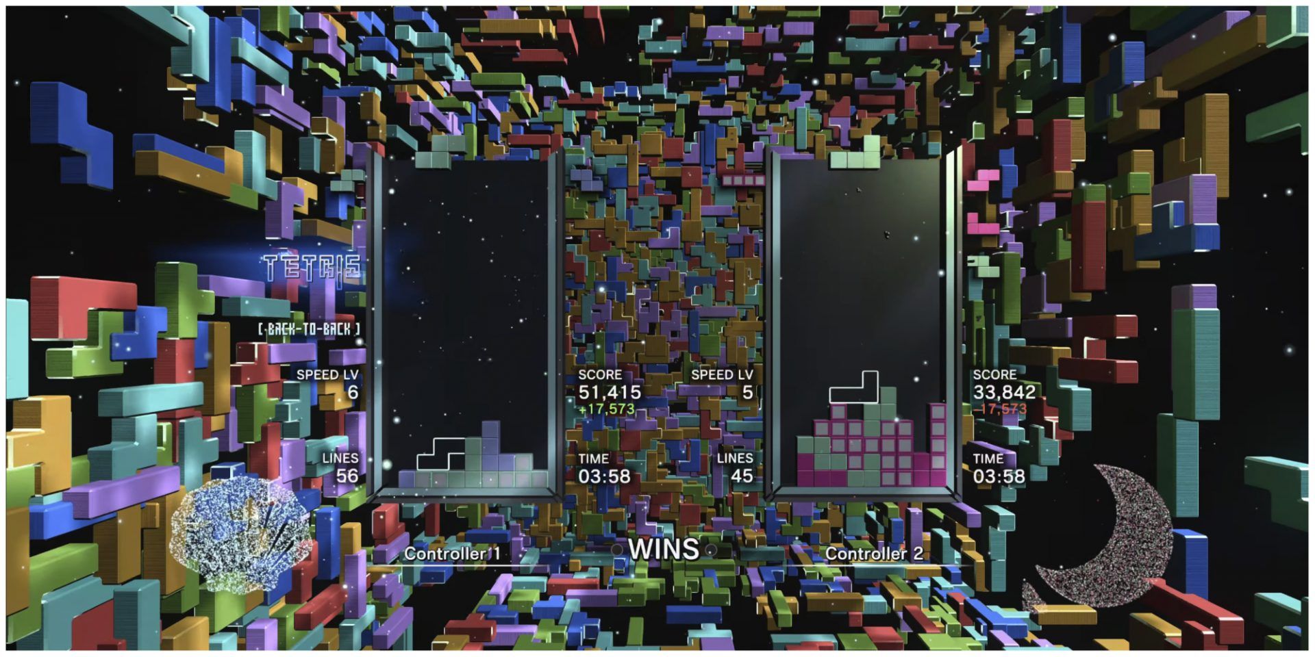 Tetris Effect Connected Two-Player Gameplay on Tetris Level