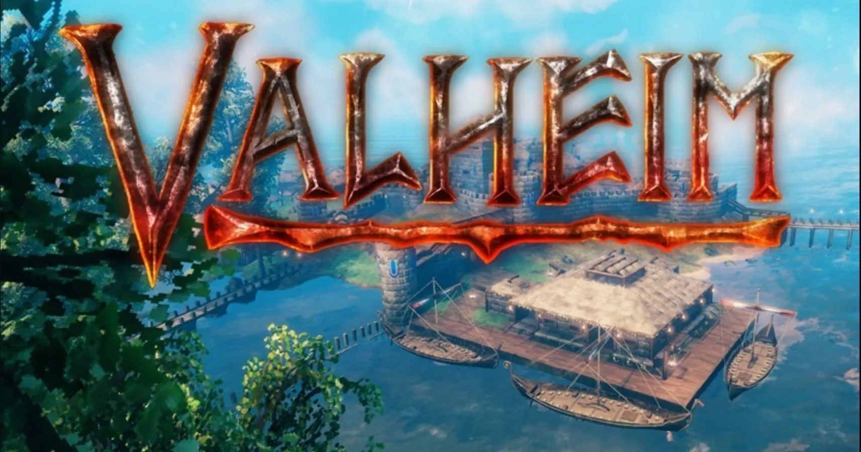 Valheim text in front of a small fishing town