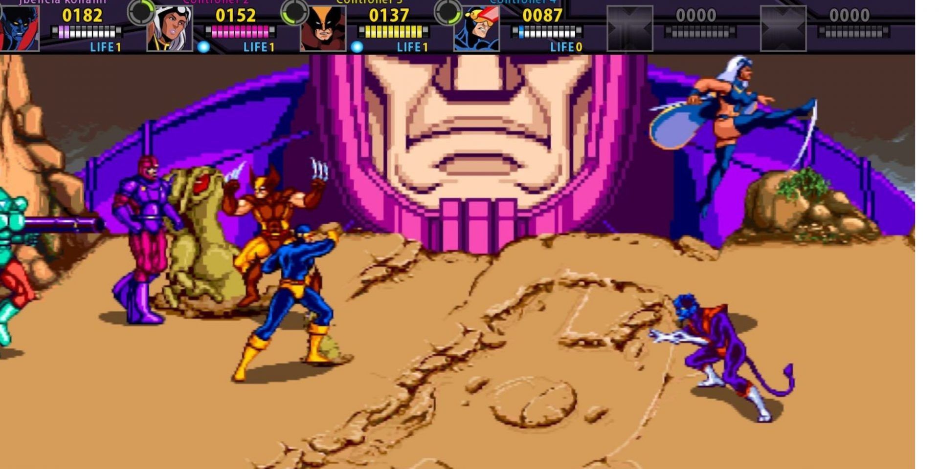 Cyclops, Nightcrawler, Wolverine, and Storm do battle while a Sentinel lurks nearby