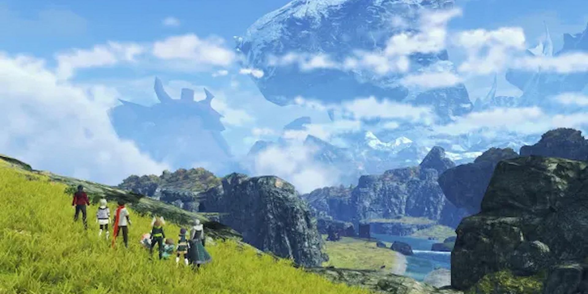 Xenoblade Chronicles 3 world of Aionios, with Noah and crew standing on a hillside.