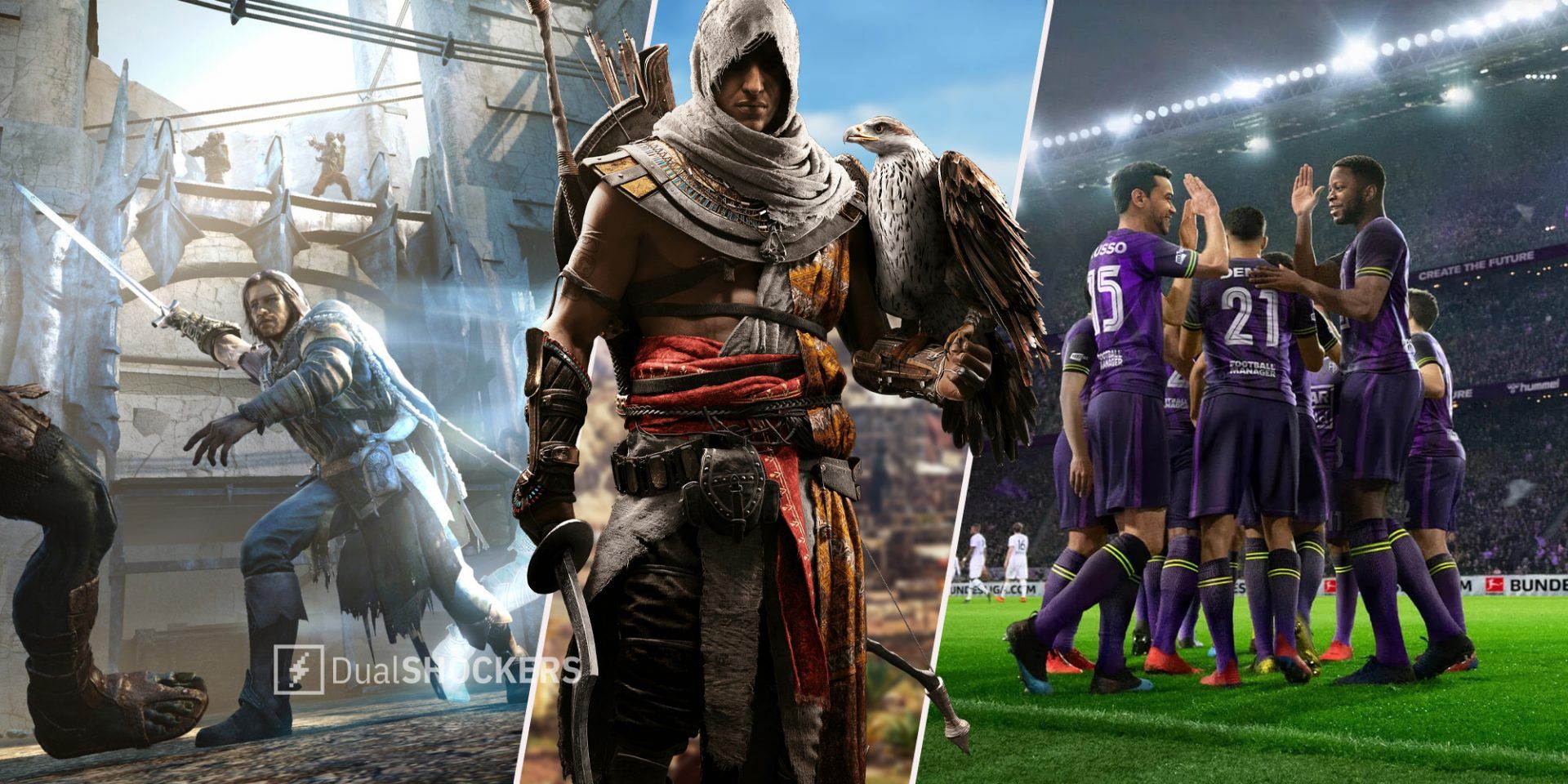 Middle-earth: Shadow of Mordor on left, Assassin's Creed Origins in middle, Football Manager 2022 on right
