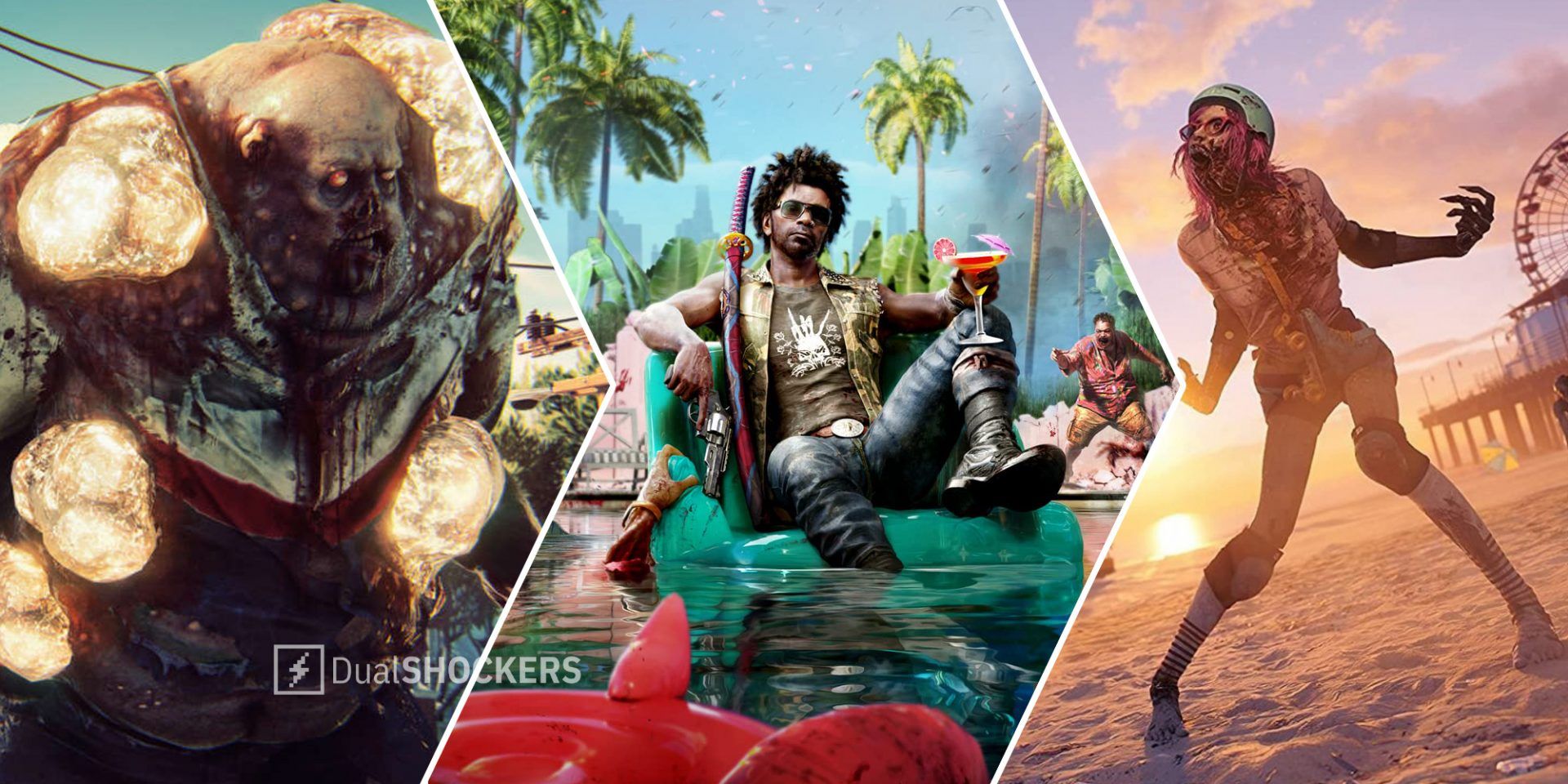 Dead Island 2 zombie on left and right, Dead Island 2 Day One Edition cover art in middle