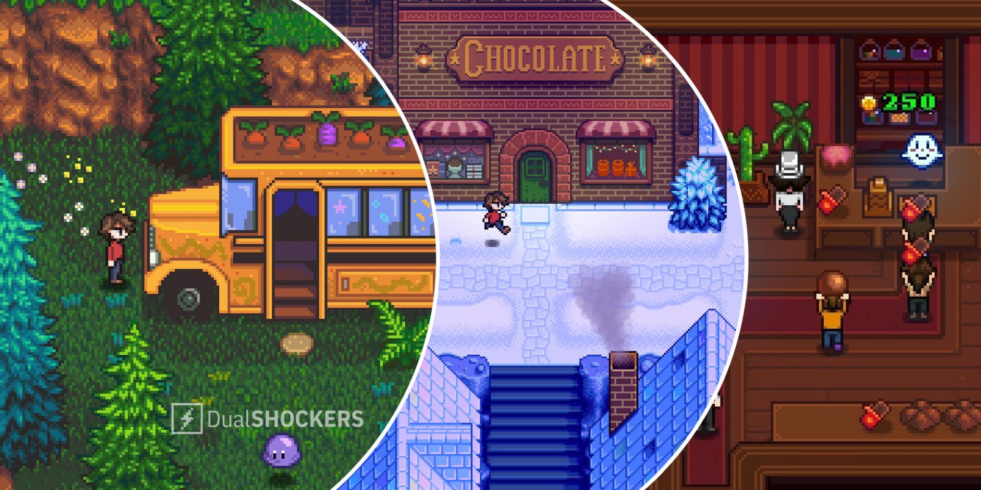 Haunted Chocolatier bus with crops on top on left, Haunted Chocolatier chocolate factory in middle, Haunted Chocolatier characters with chocolate on right