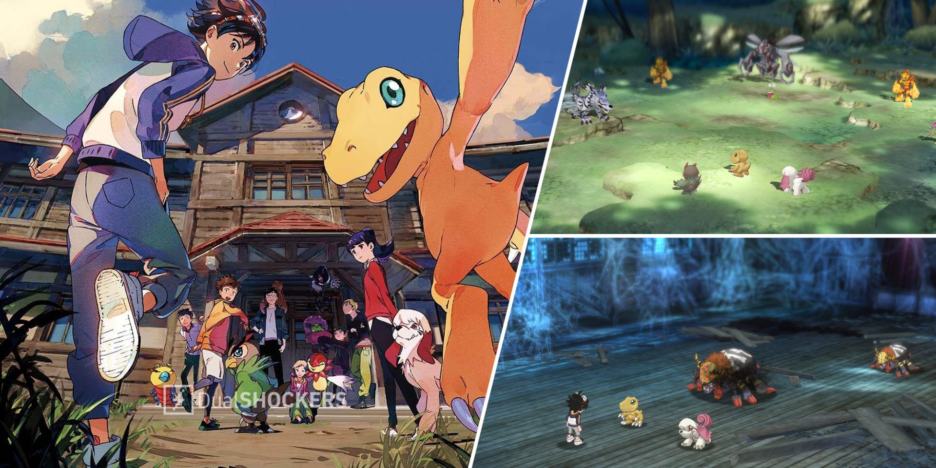 Digimon Survive Takuma Momozuka and Agumon on left, Digimon Survive gameplay on top and bottom right