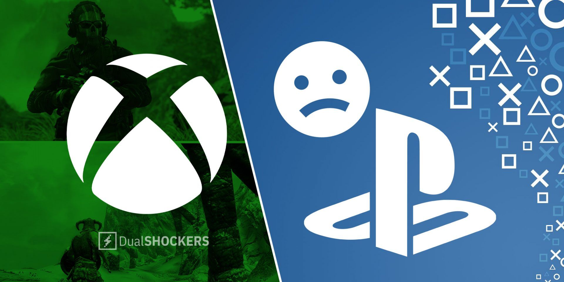 Call of Duty and Skyrim with Xbox logo overlaid on left, Playstation logo and sad emoji on right