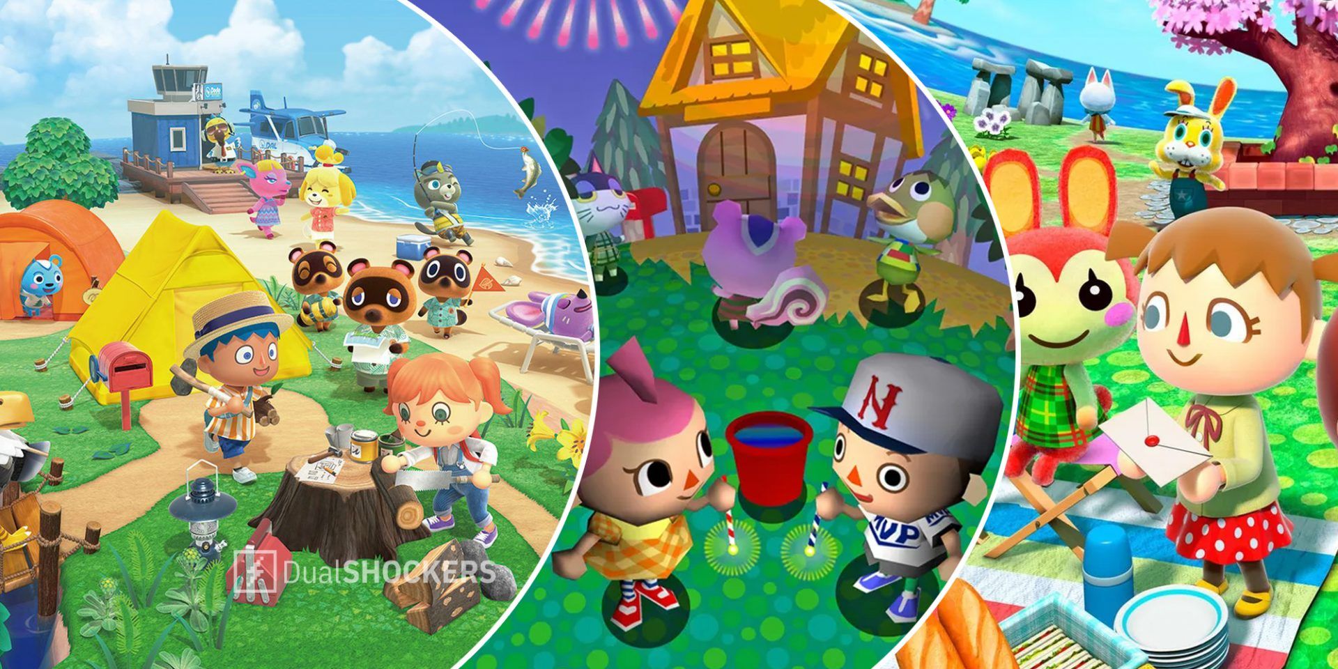 Animal Crossing: New Horizons on left, Animal Crossing: Population Growing in middle, Animal Crossing: New Leaf on right