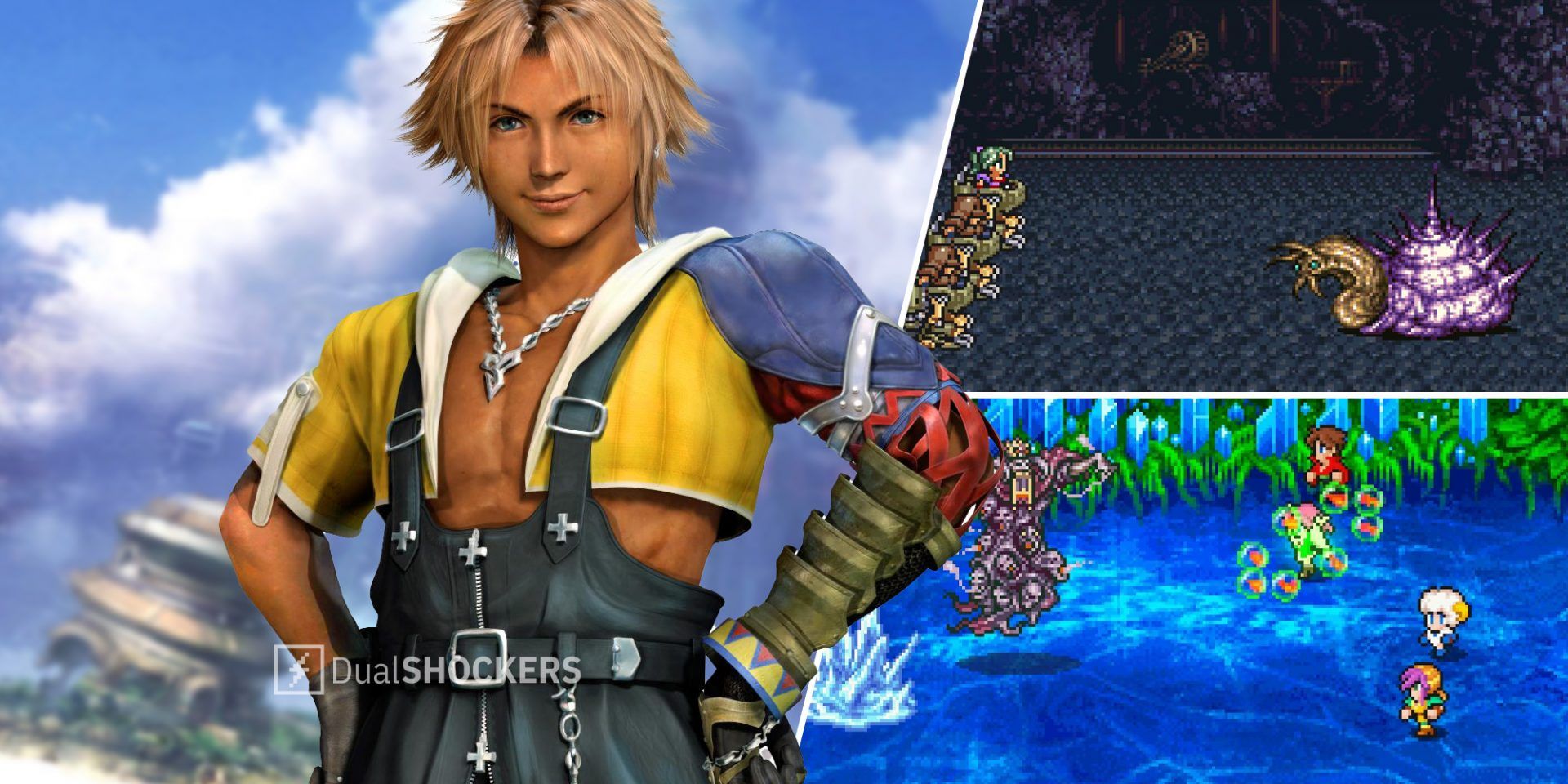Final Fantasy X on left, Final Fantasy 3 on top right, Final Fantasy V on bottom right