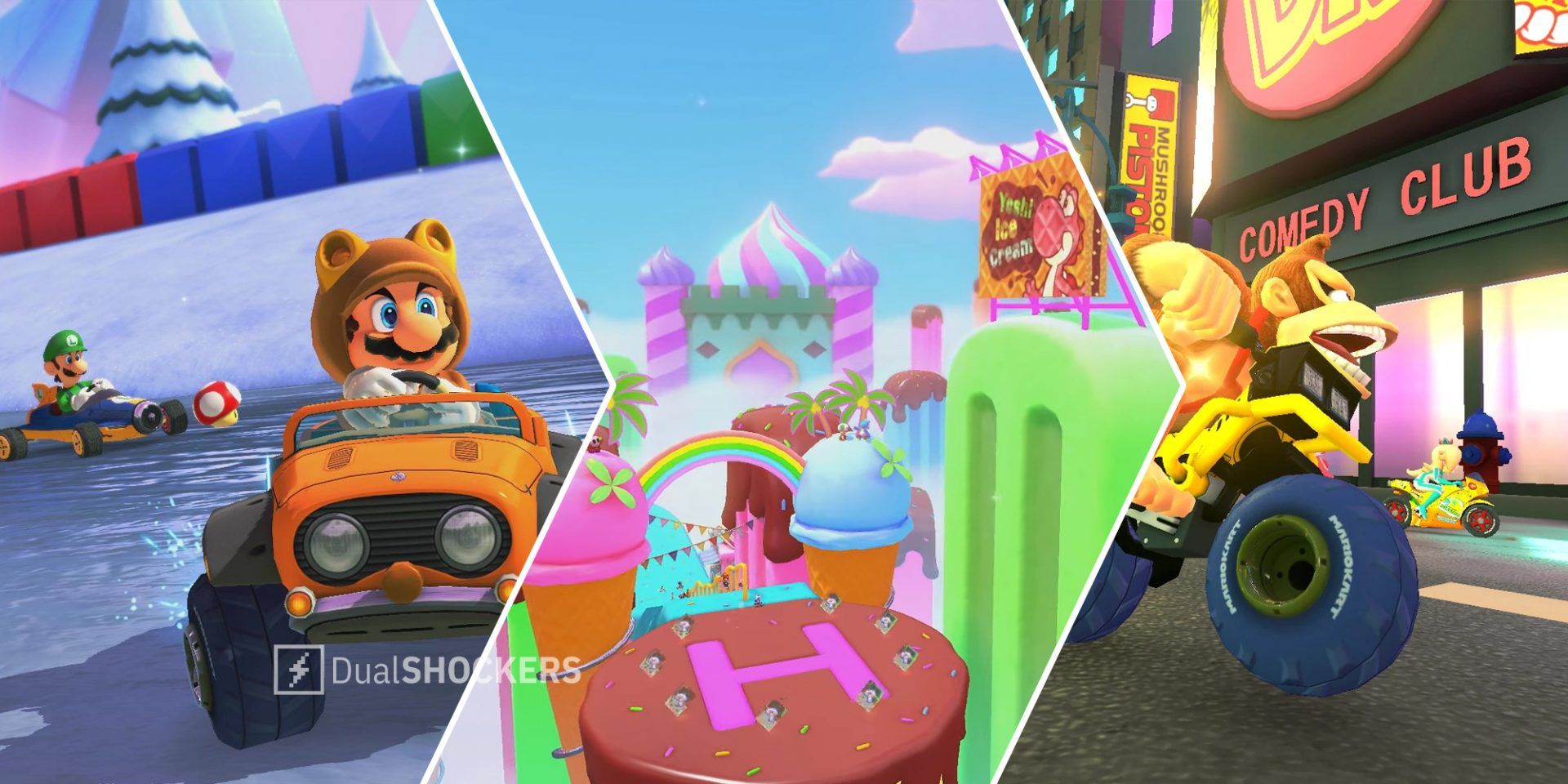 Mario Kart 8 Deluxe DLC Wave 2 Snow Land on left, Sky-High Sundae in middle, New York Minute on right