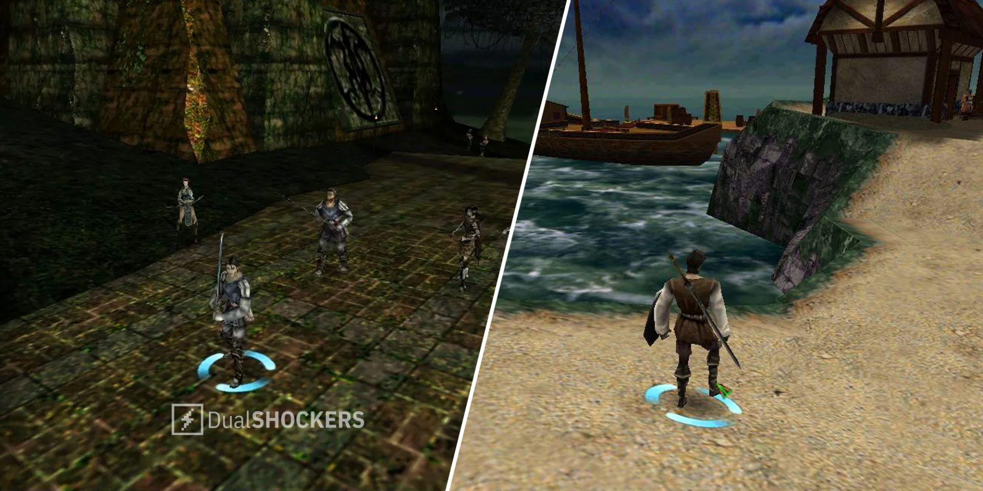 Summoner player facing enemies on left, Summoner player standing in front of the sea on right