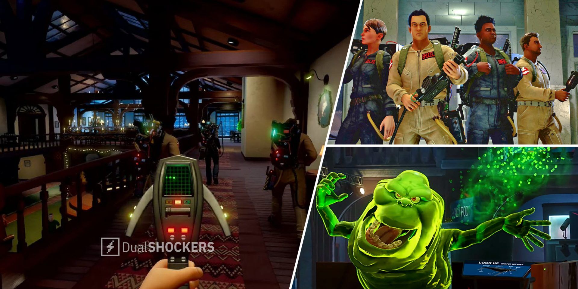 Ghostbusters: Spirits Unleashed gameplay on left, cast of characters on top right, Slimer on bottom right