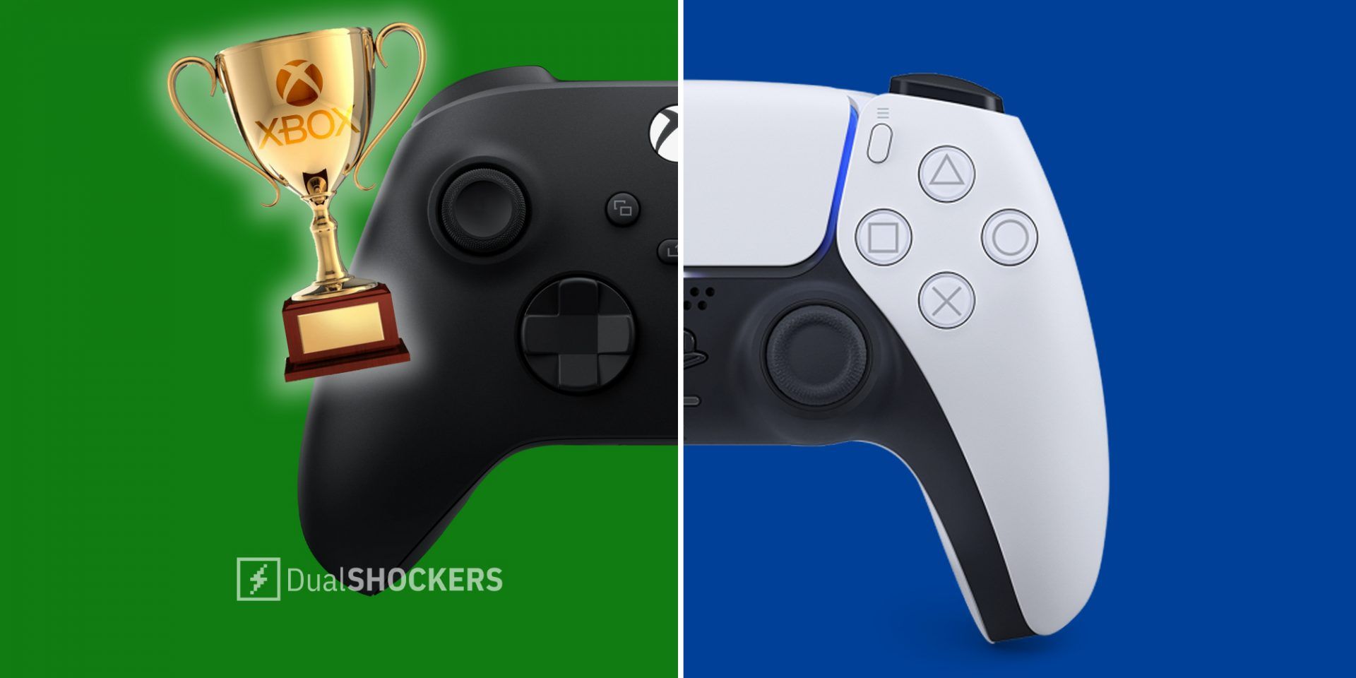 Xbox Series X controller and trophy on left, Playstation 5 controller on right