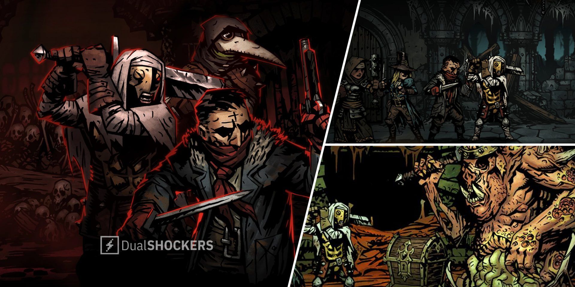 Darkest Dungeon RPG game split image showing multiple characters from the game