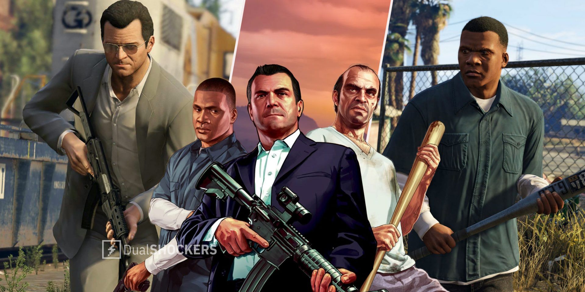 Grand Theft Auto 5 Michael with rifle on left, GTA V protagonists in middle, GTA V Franklin with bat on right