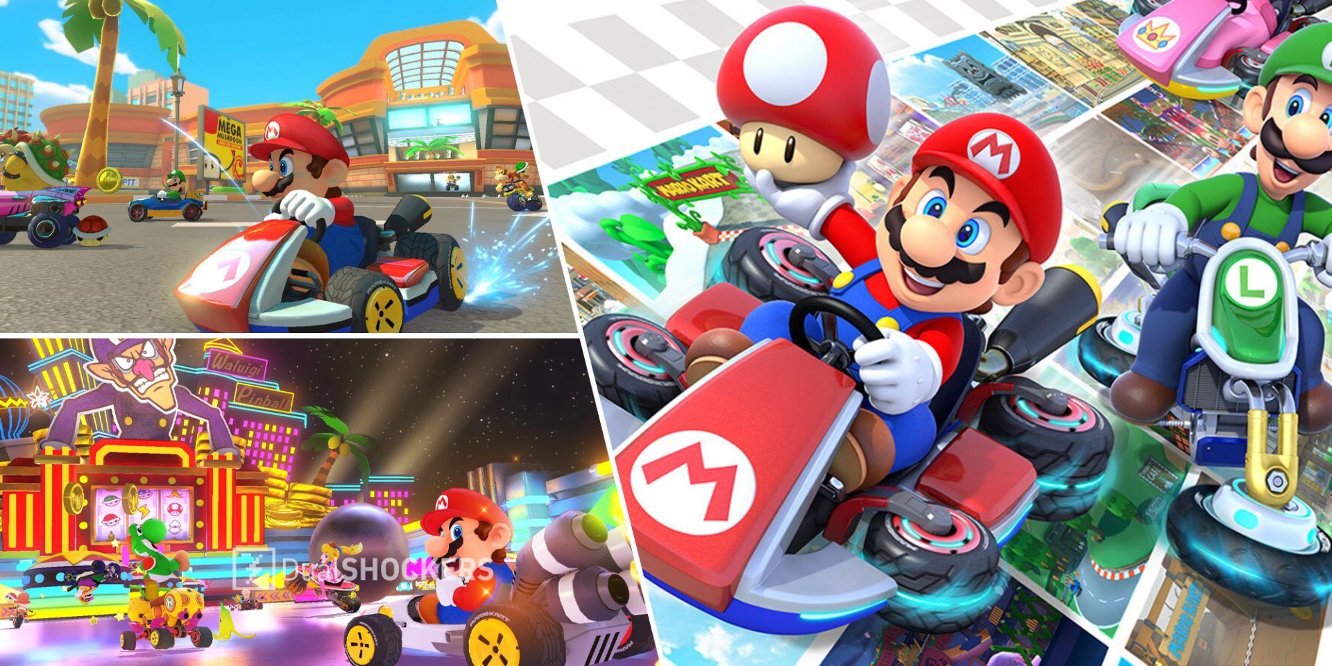 Mario Kart 8 Deluxe Coconut Mall on top left, Waluigi Pinball on bottom left, Mario Kart 8 Deluxe promo image with Mario and Luigi