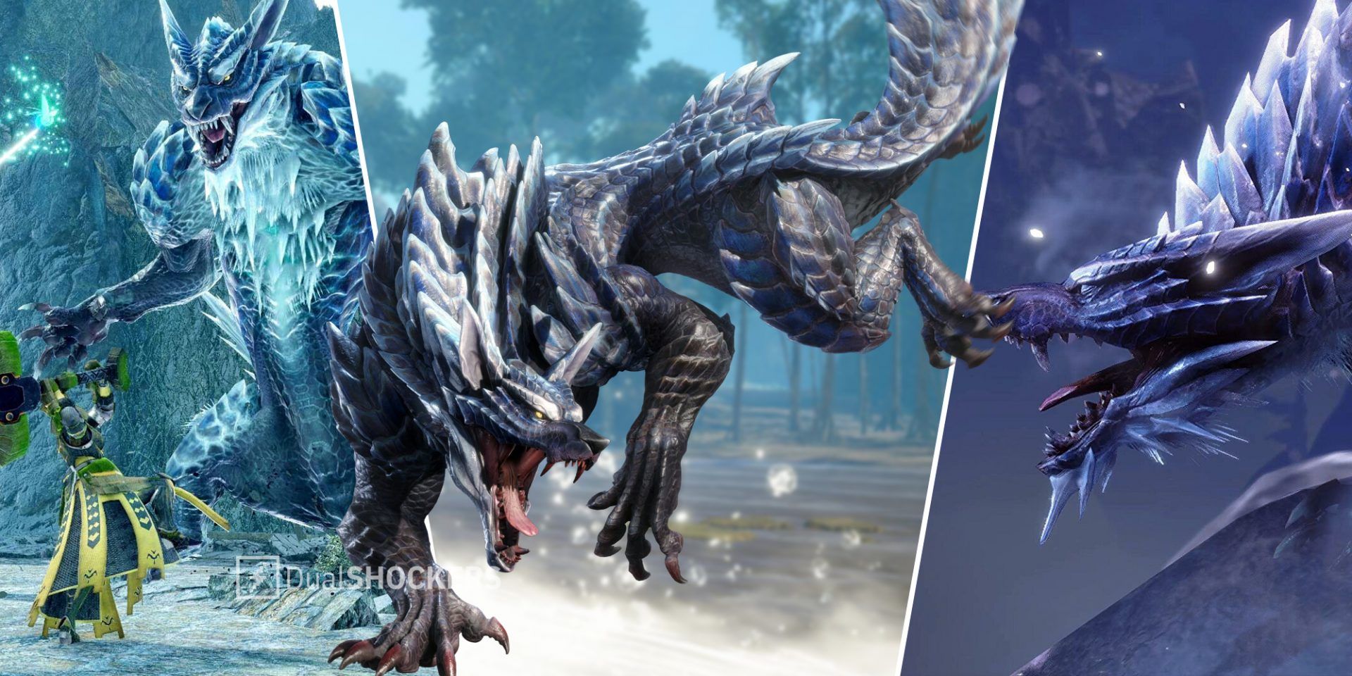 Monster Hunter Rise: Sunbreak players battling Lunagaron on left, Lunagaron in middle and right