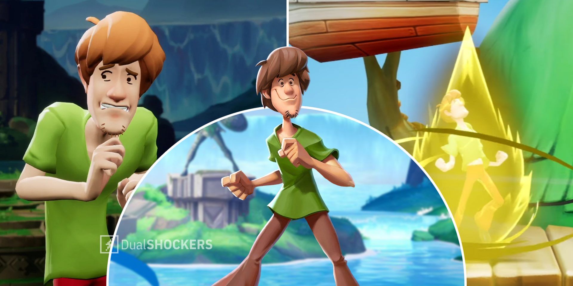 MultiVersus Shaggy scared on left, Shaggy promo image in middle, Shaggy Ultra Instinct on right