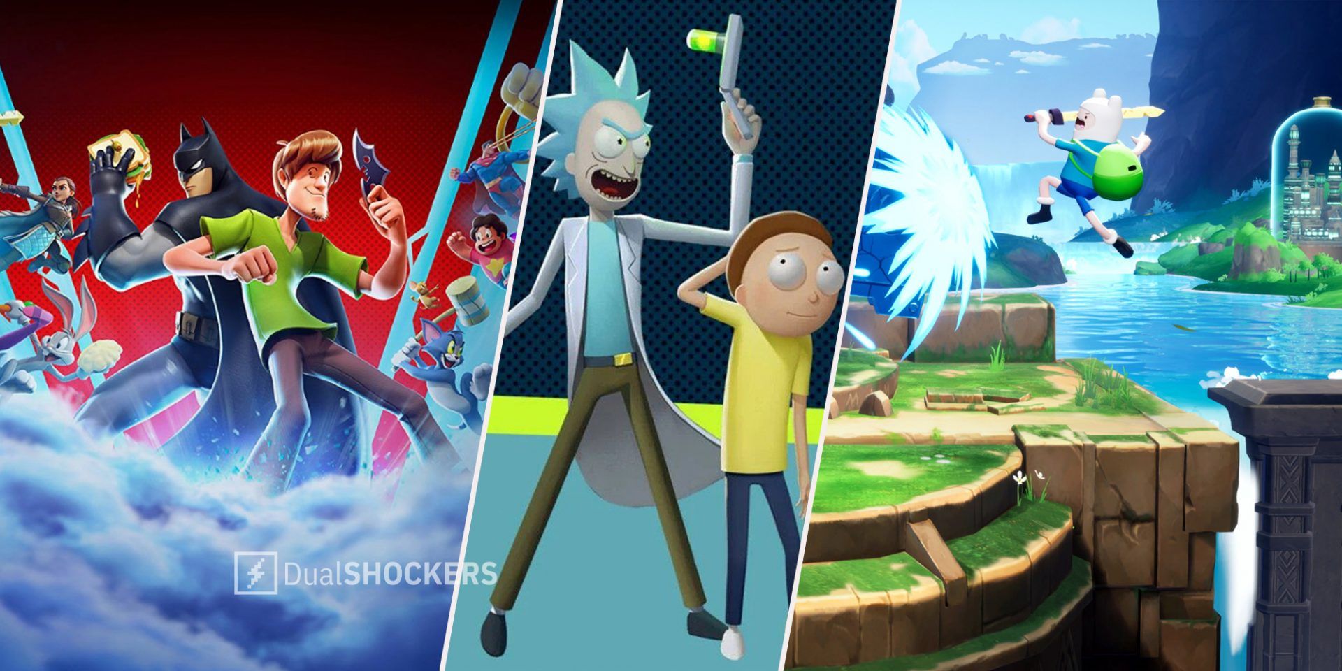 MultiVersus promo image with Shaggy, Batman, Steven Universe on left, Rick and Morty in middle, Finn from Adventure Time in the middle of a battle on right