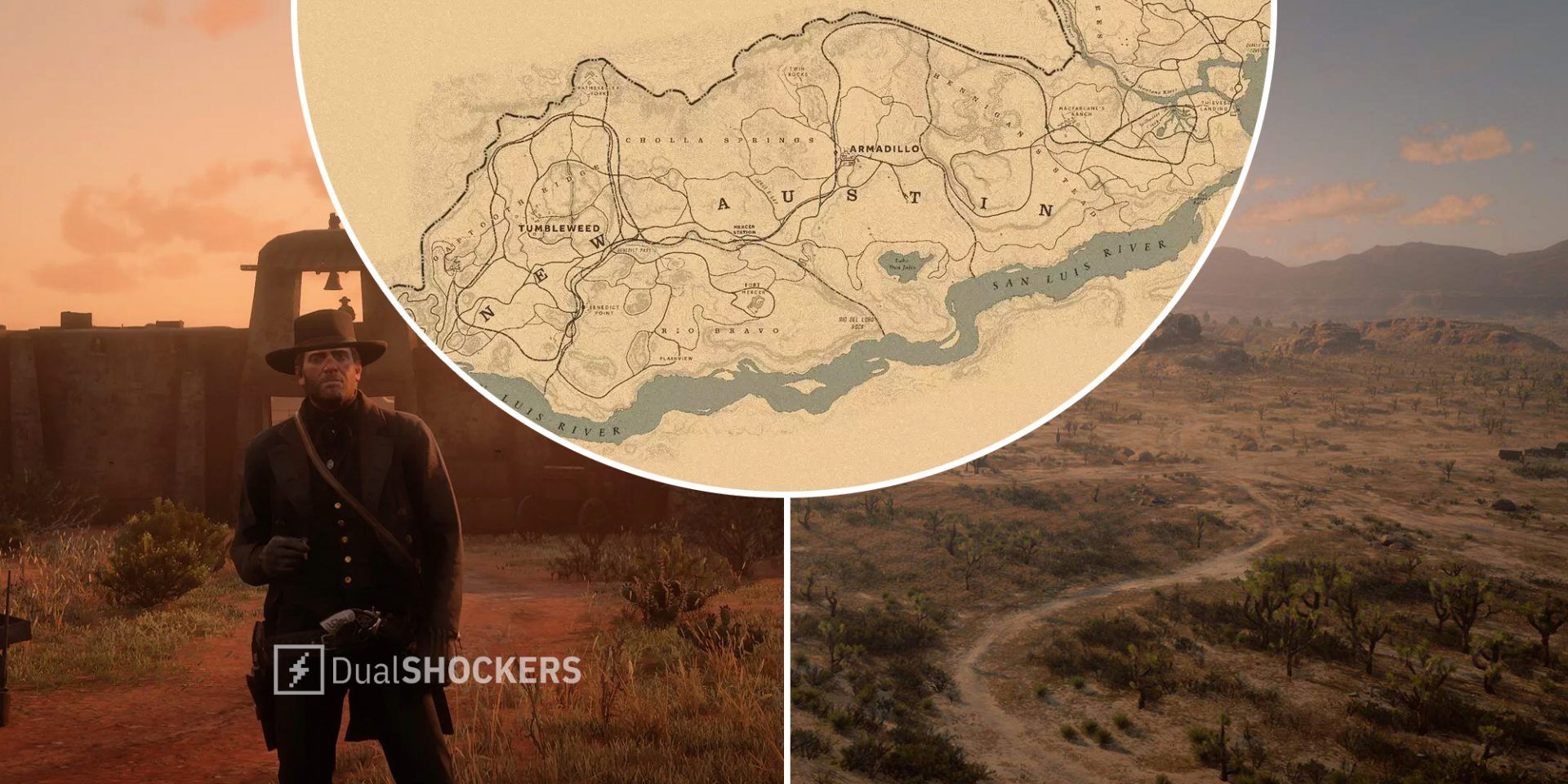 Red Dead Redemption 2 Arthur Morgan in New Austin on left, New Austin map in middle, New Austin scenery on right