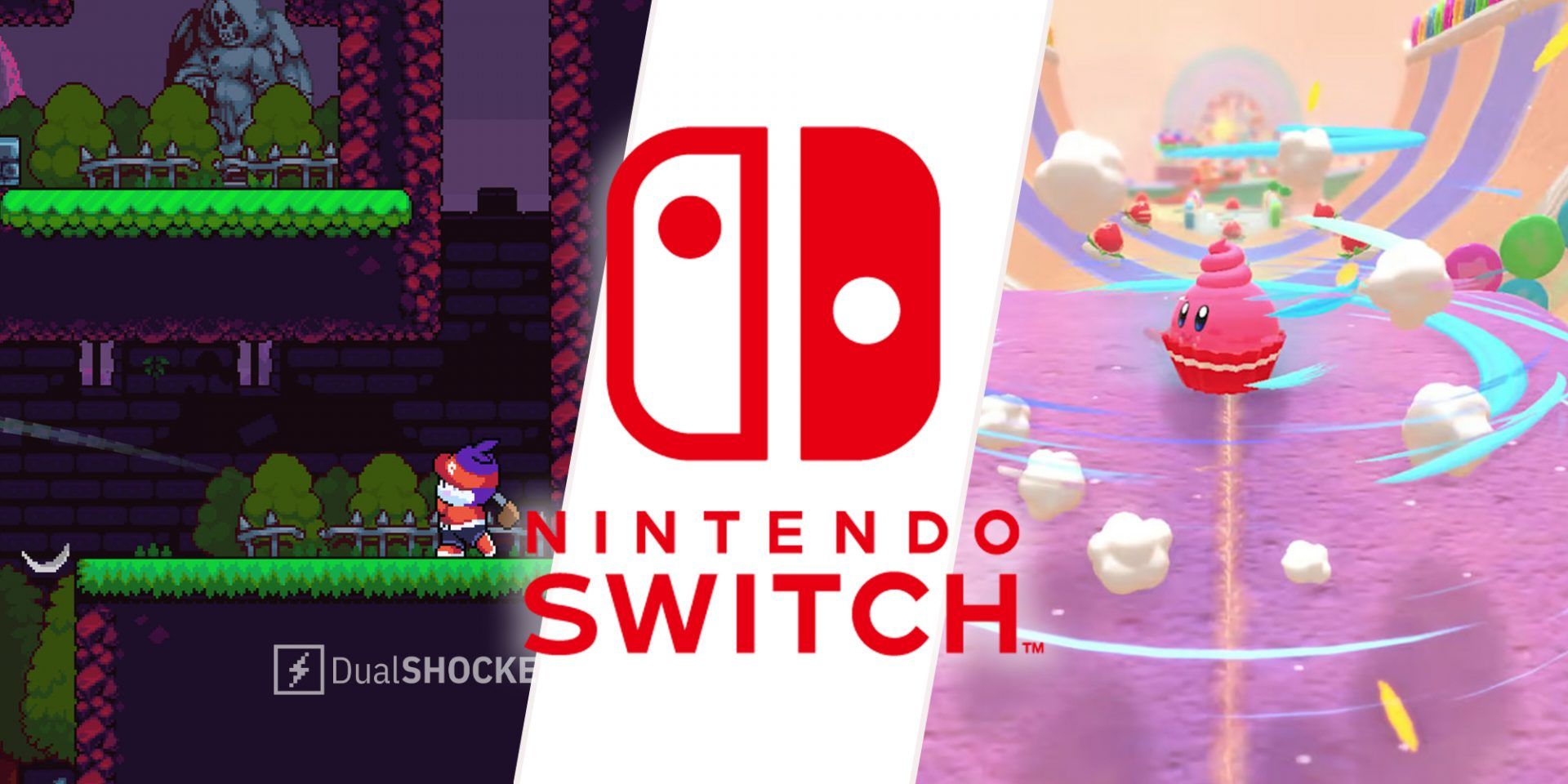 Nintendo Switch games Cursed to Golf on left, Nintendo Switch logo in middle, Kirby's Dream Buffet on right