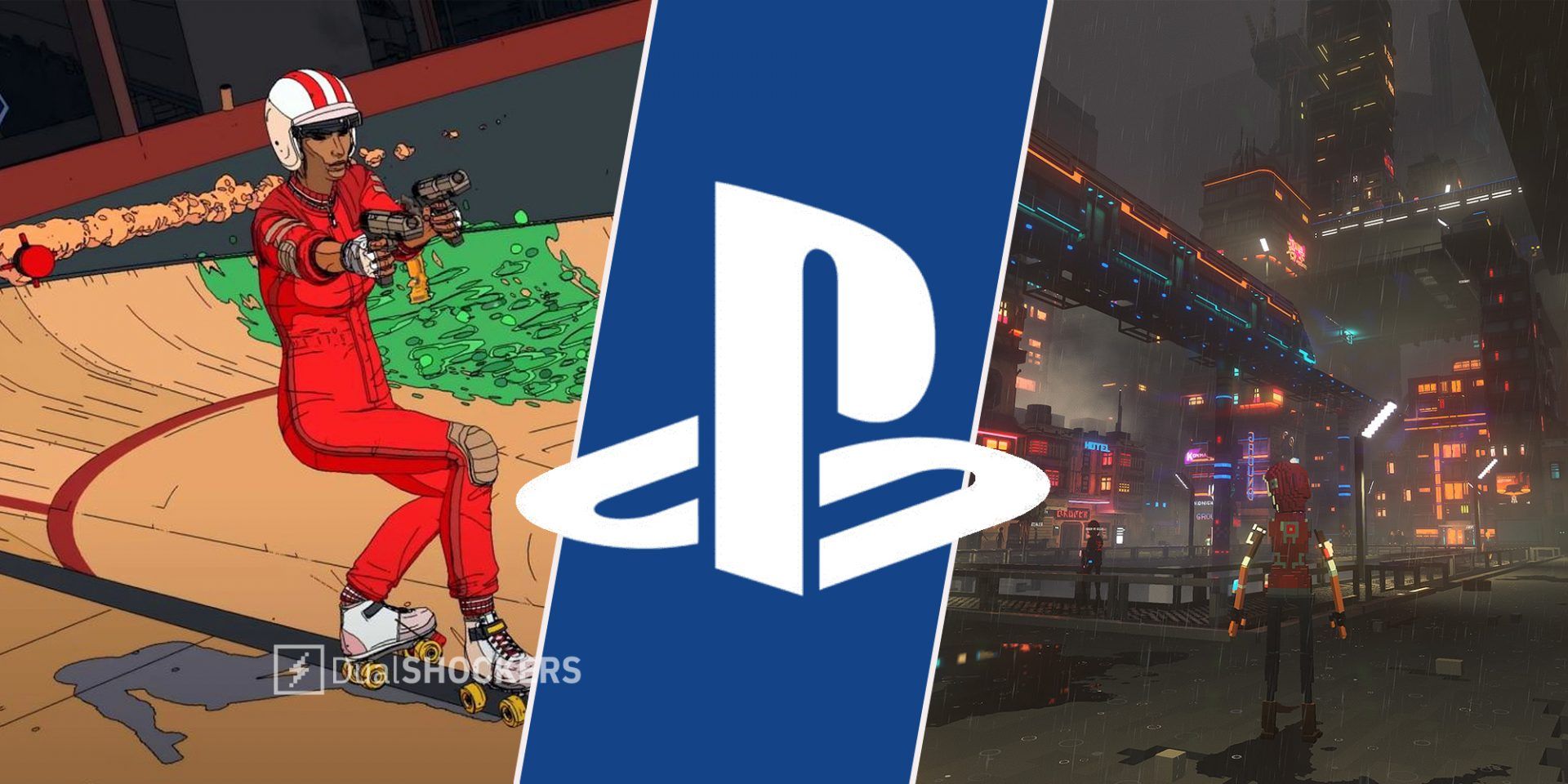 Playstation games Rollerdrome on left, Playstation logo in middle, Cloudpunk on right