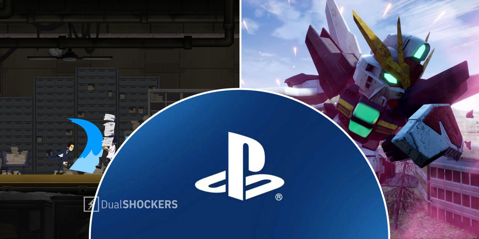 Playstation PS4 PS5 games The Company Man on left, Playstation logo in middle, SD Gundam Battle Alliance on right