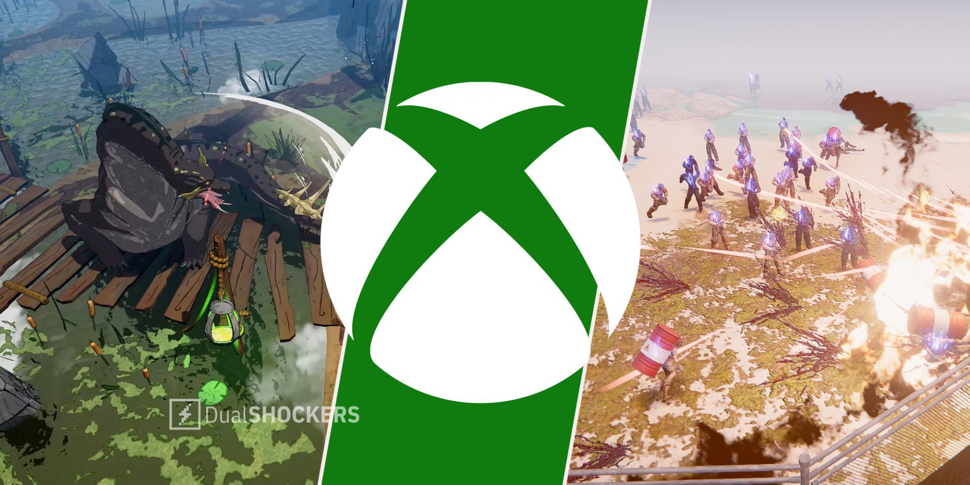 Xbox games Tribes of Midgard on left, Xbox logo in middle, Slaycation Paradise on right