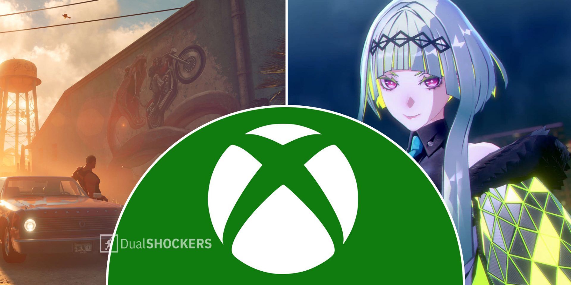 Xbox games Saints Row 2022 on left, Xbox logo in middle, Soul Hackers 2 on right